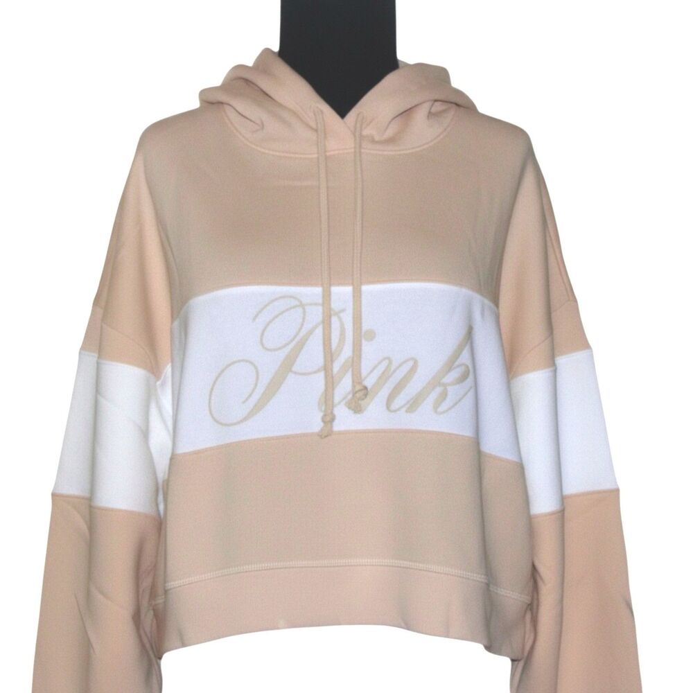 PINK Victoria’s Secret Hoodie Womens Large Beige Colorblock Pullover NWT